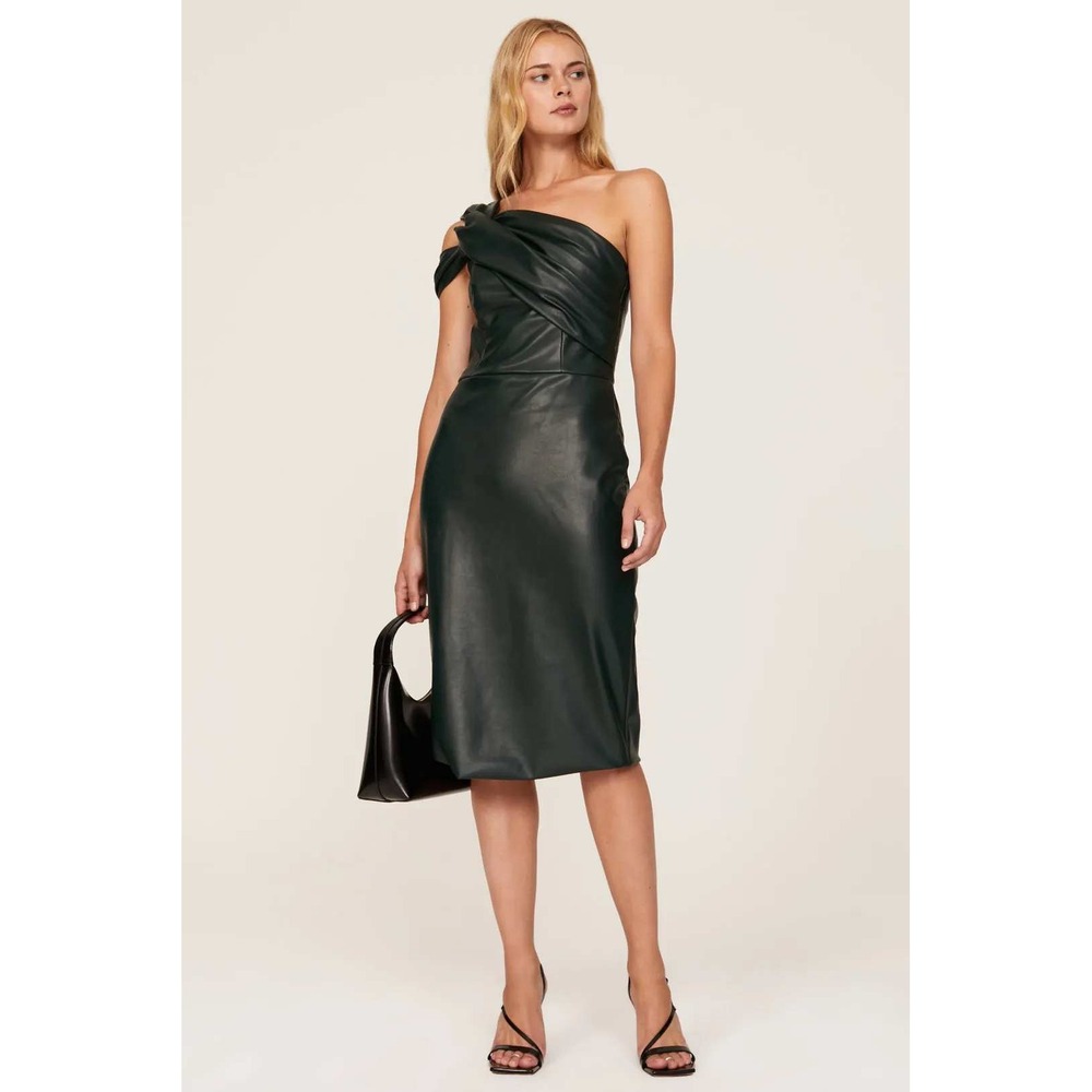 Shoshanna One Shoulder Dress Womens 4 Hunter Green Vegan Leather Ruched Midi